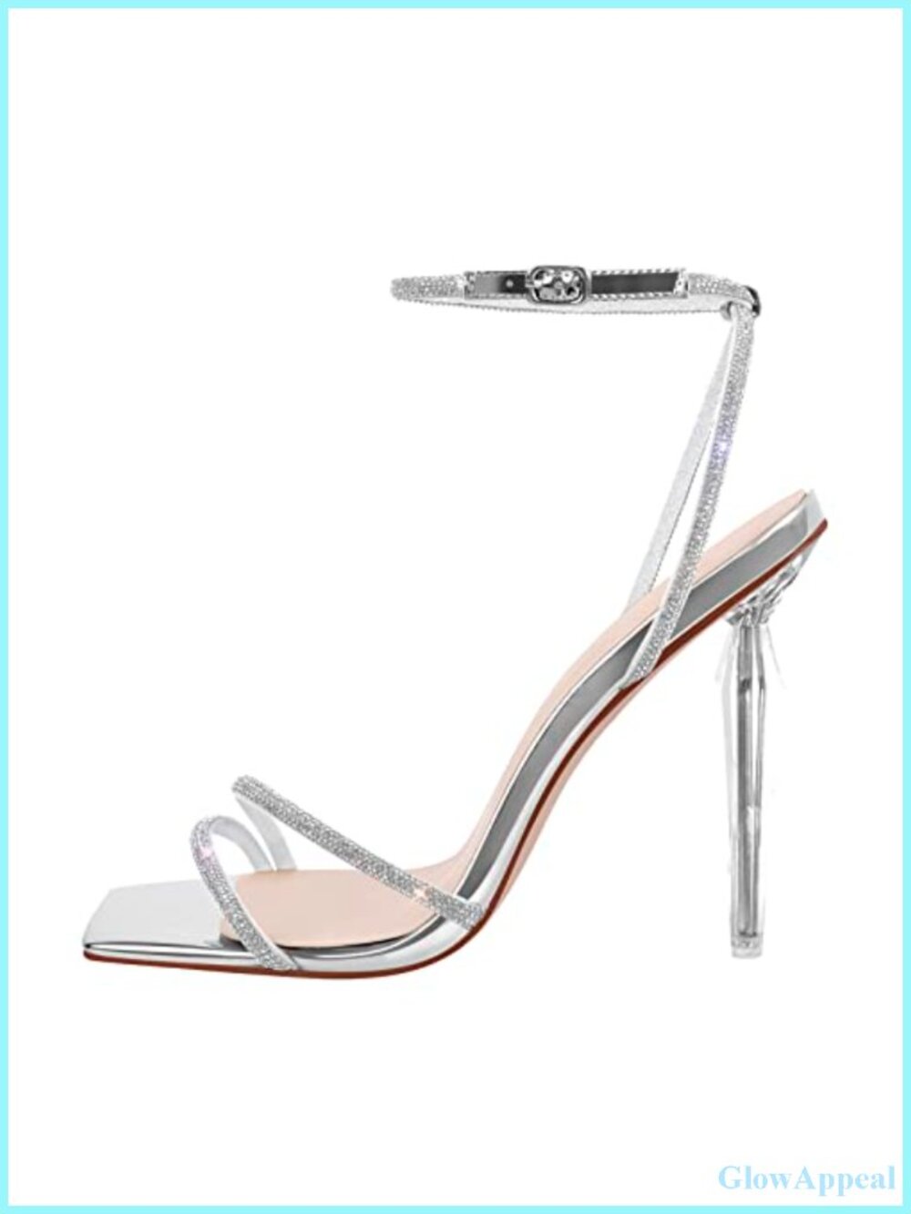 Square Toe Rhinestone Studded Strappy Heeled Sandals Ankle Buckle Slingback